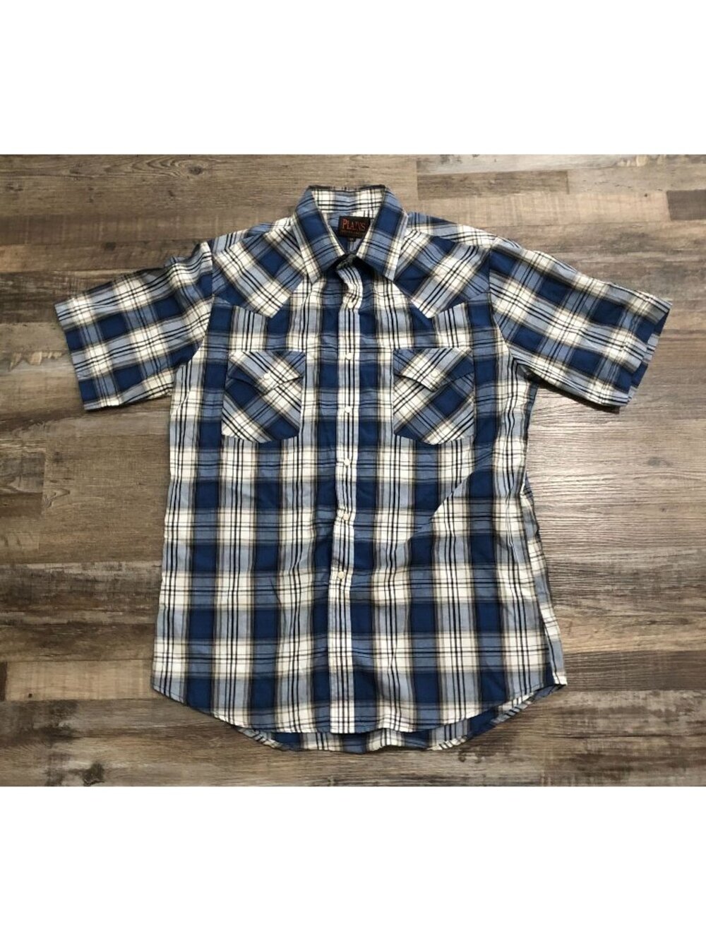 Plains Western Wear Mens Medium Blue Plaid Short Sleeve Pearl Snap Shirt